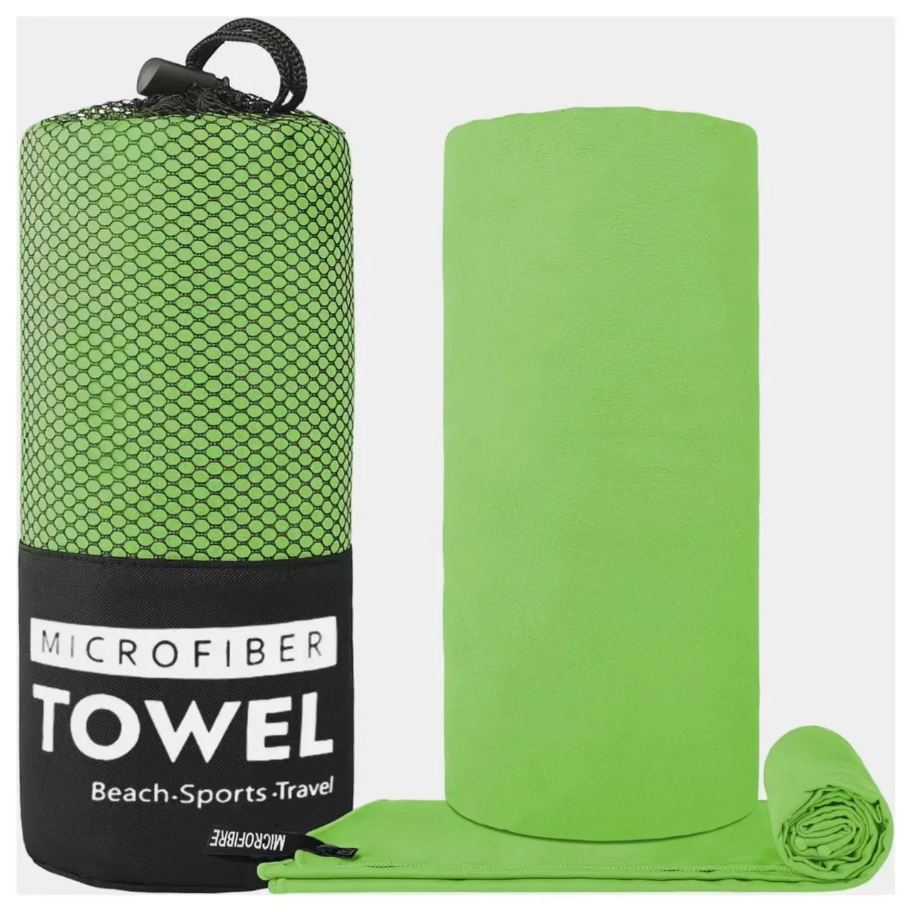A bright lime green microfibre towel shown both folded and packed in its black mesh drawstring travel bag.