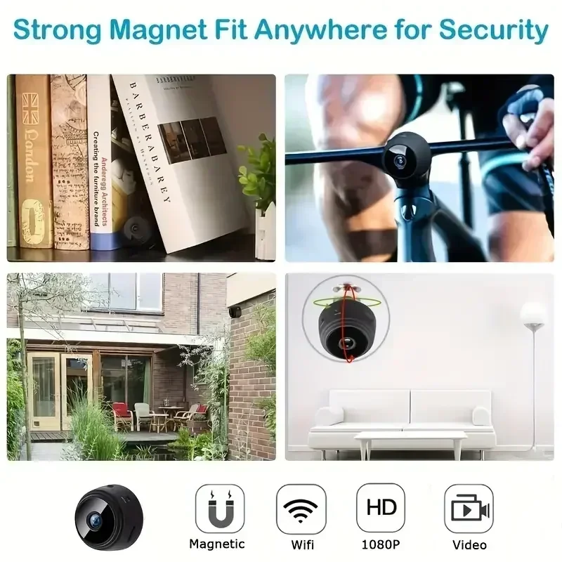 Small black plastic magnetic 1080p wireless video camera shown in various indoor and outdoor mounting locations.