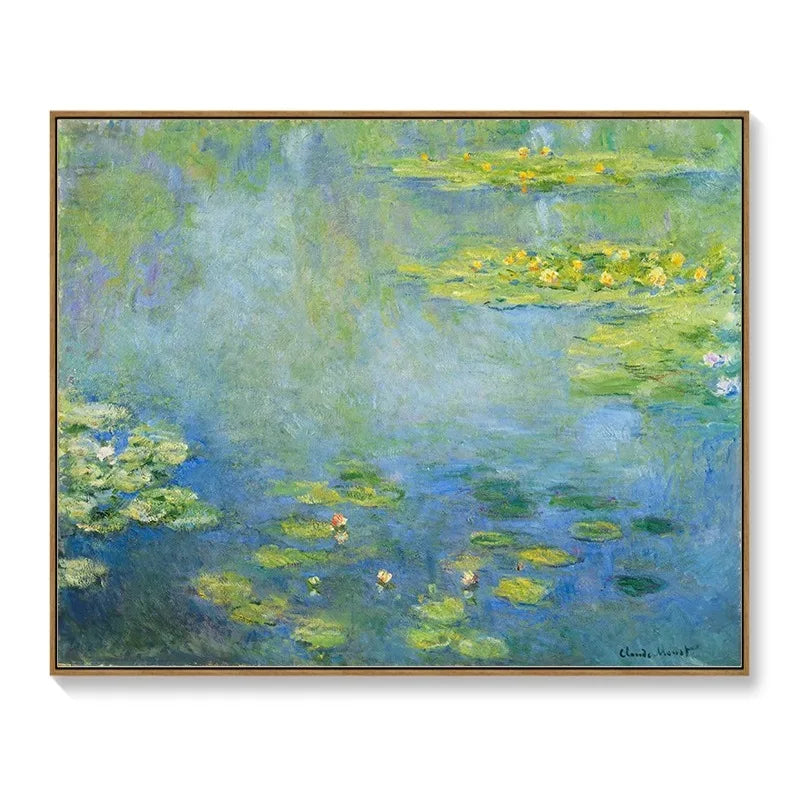 Decorative wall art meter box cover featuring an Impressionist water lily painting in soft blue and green tones.