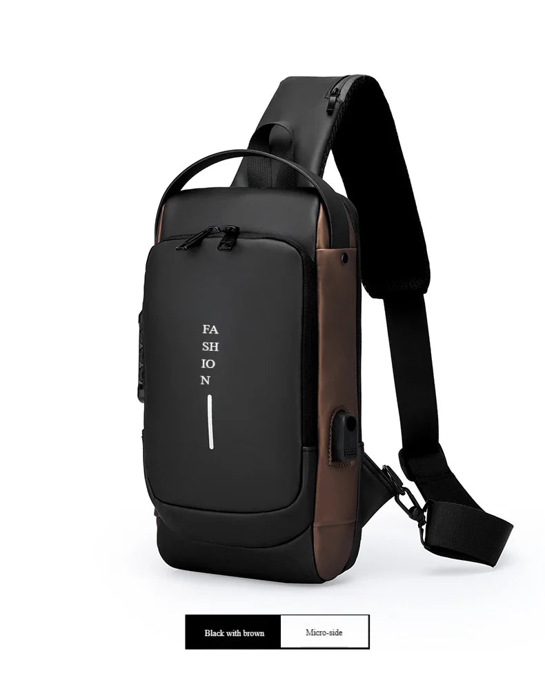 Black and brown anti-theft chest bag with a cross-body strap, password lock, and integrated USB charging port.