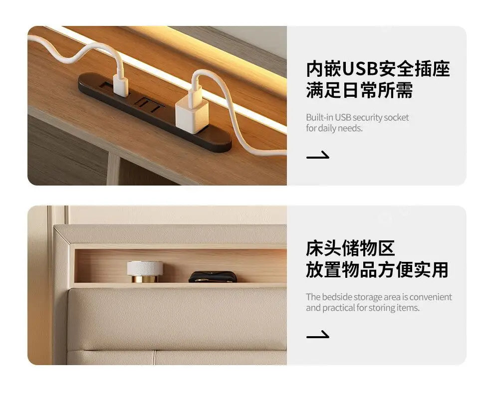 Cream leather upholstered bed frame featuring a built-in shelf with integrated USB charging sockets.