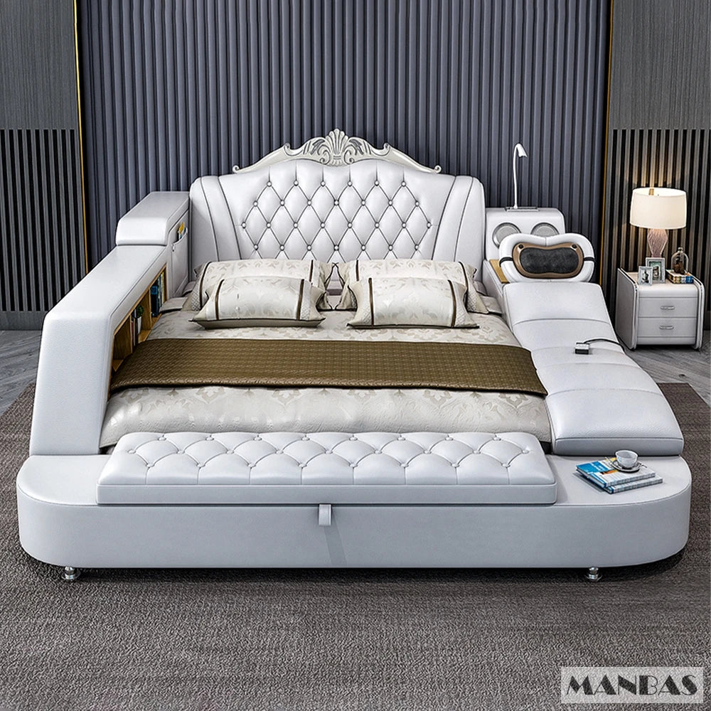 White multifunctional bed with a tufted headboard, integrated storage, massage unit, and built-in speakers.
