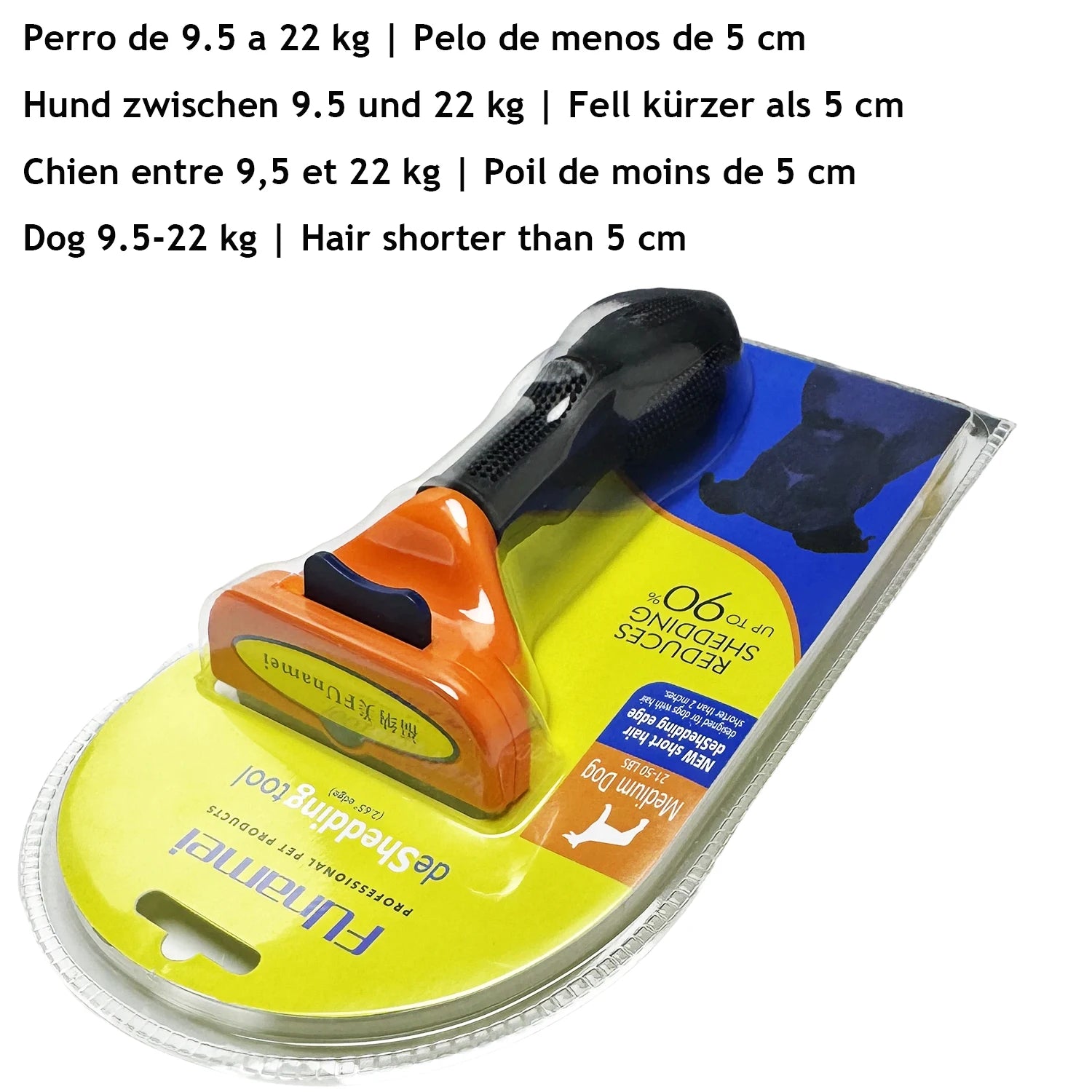 Orange and black pet deshedding tool in retail packaging, suitable for medium dogs with short hair.