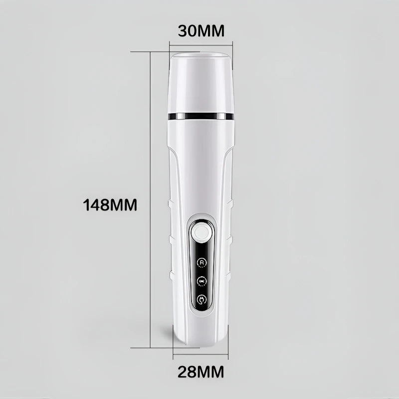 White electric pet nail grinder with LED light, featuring a sleek, ergonomic design with dimensions indicated.