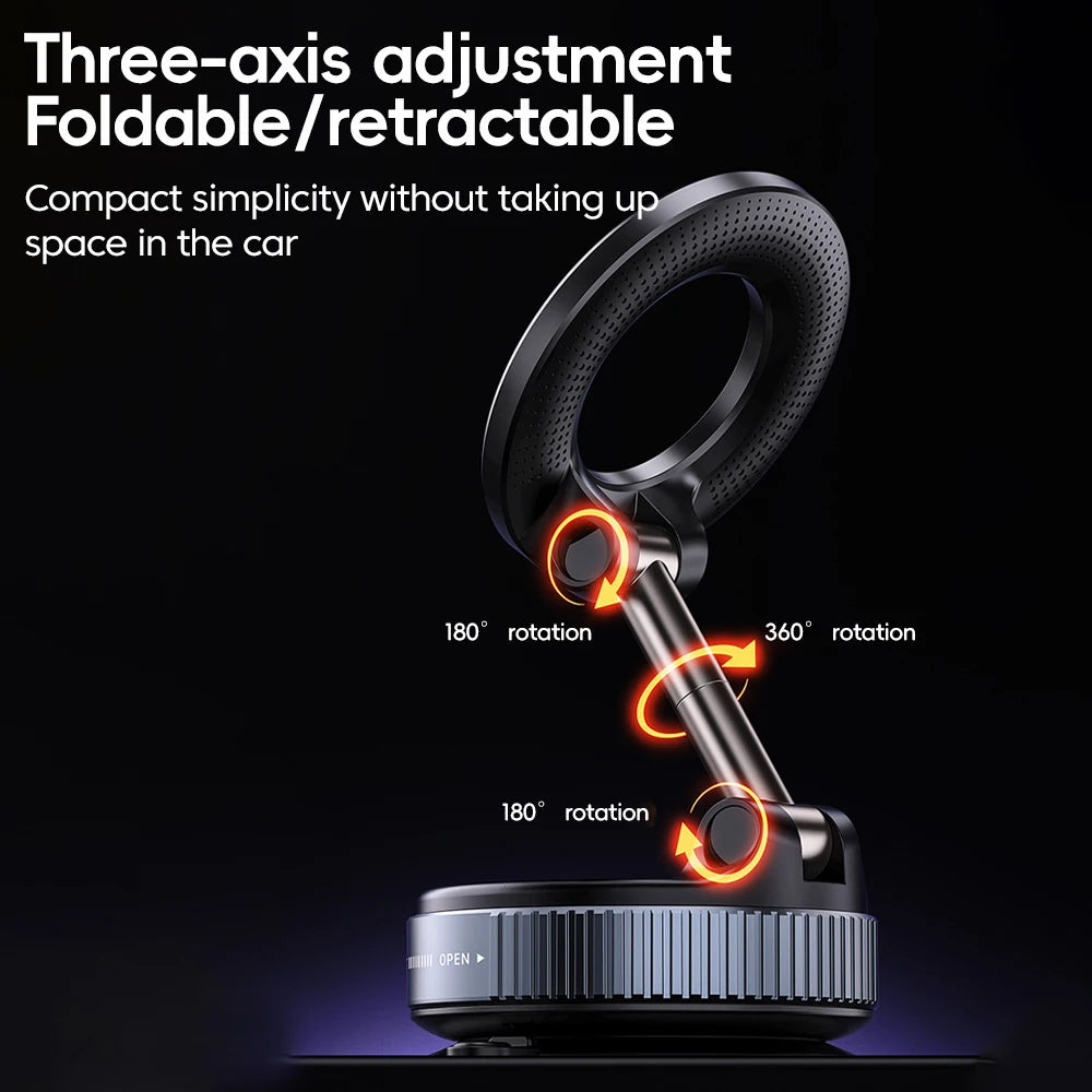 Black, foldable car phone mount with a textured circular head, adjustable metal arm, and rotating base on dark background.
