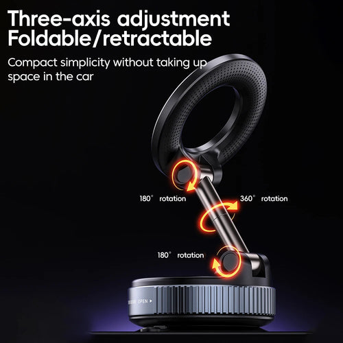 Black, foldable car phone mount with a textured circular head, adjustable metal arm, and rotating base on dark background.