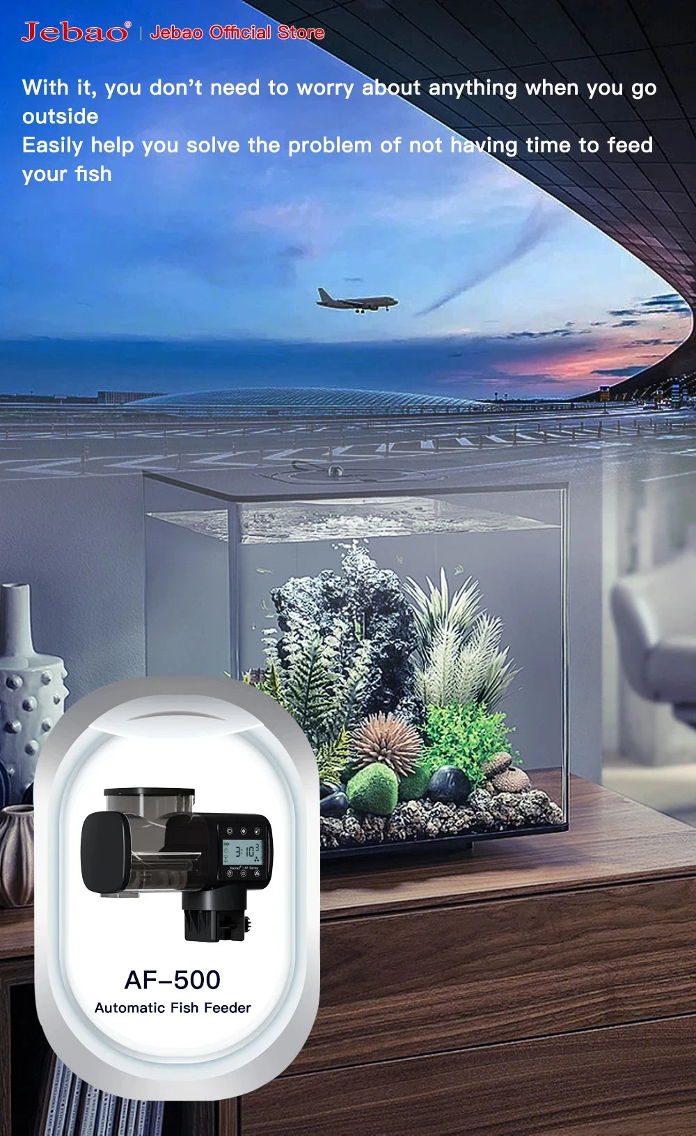 Black automatic fish feeder with a clear food container and digital LCD display screen.