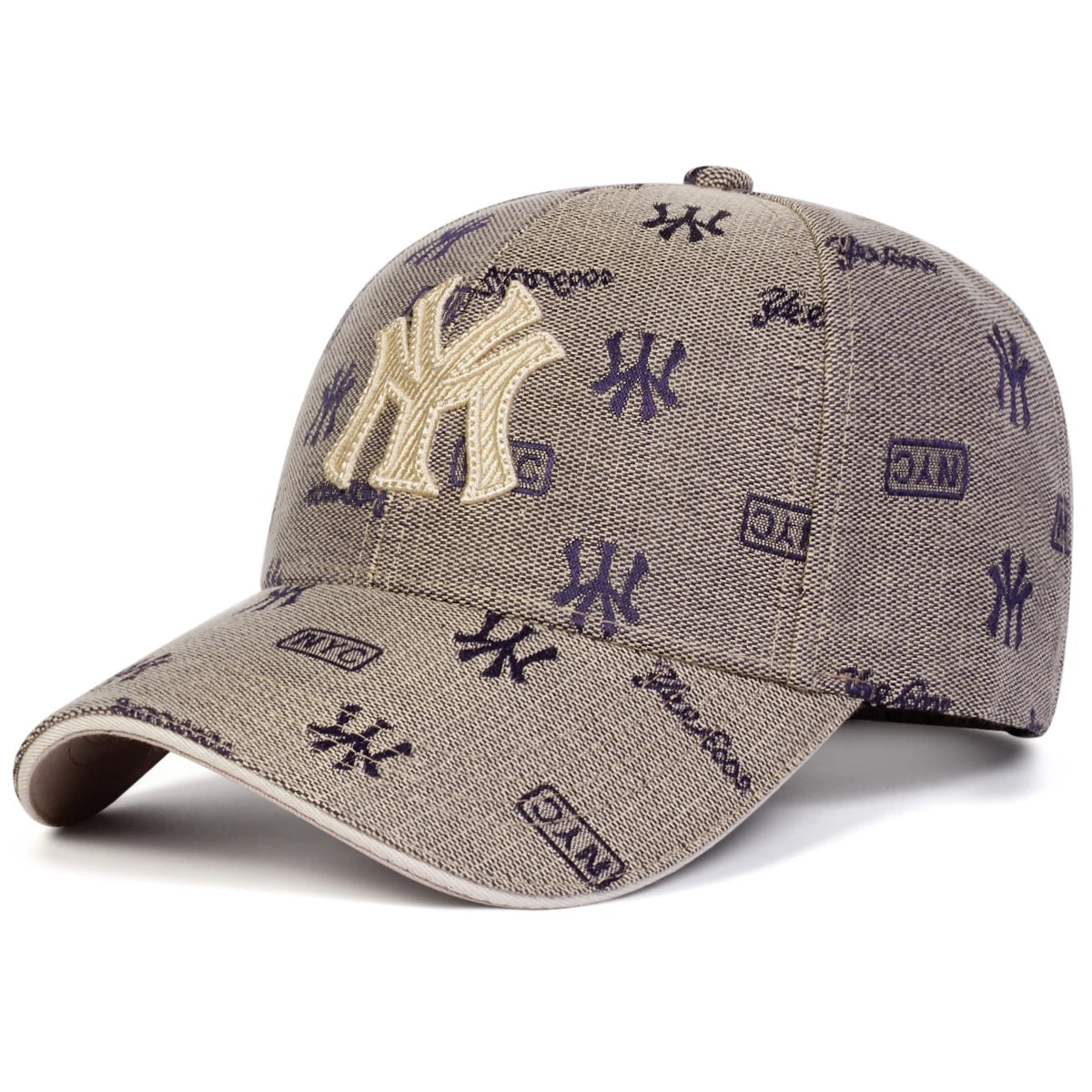 Beige unisex baseball cap with an all-over navy logo print and a prominent cream embroidered 'MY' letter on the front.