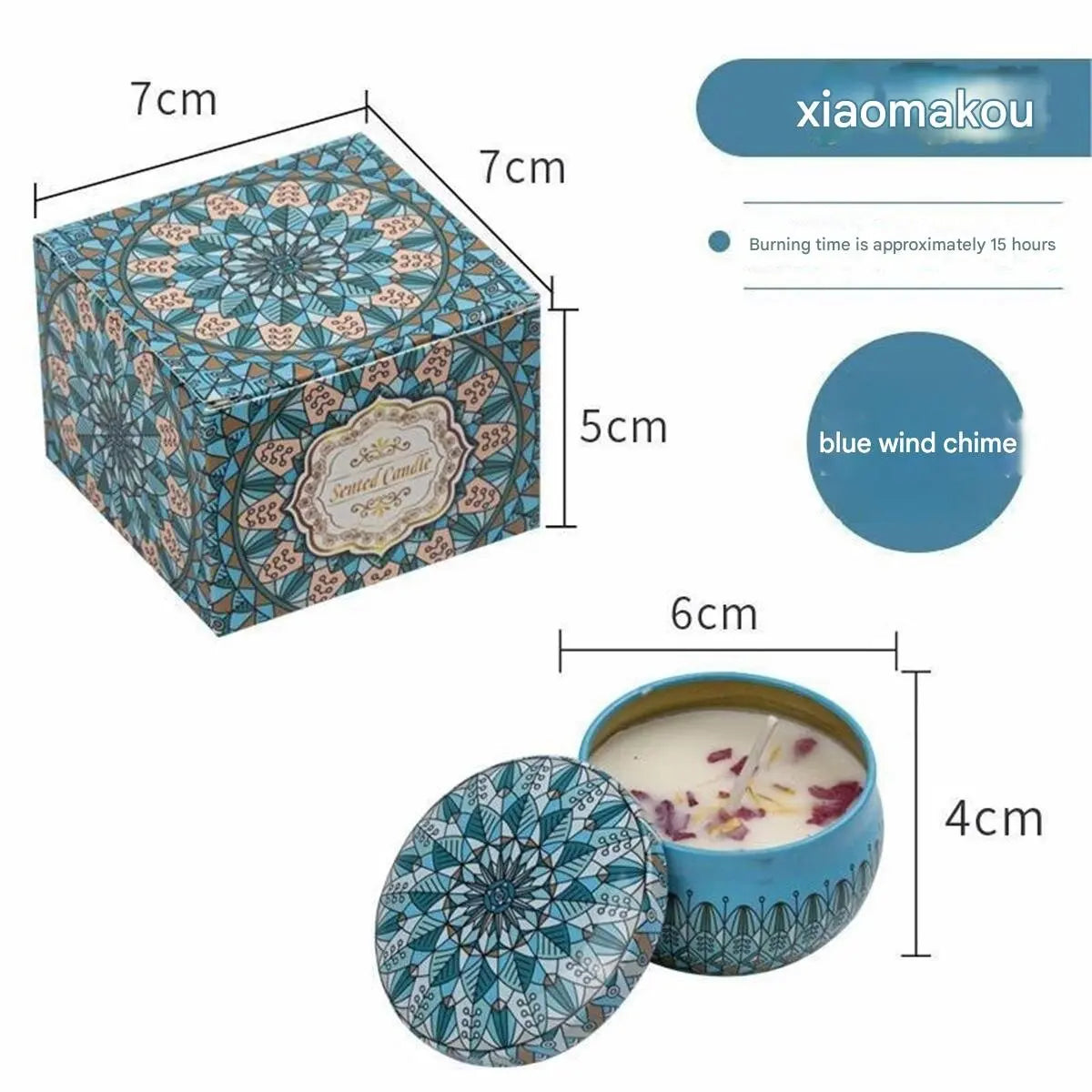 Blue scented candle in a decorative tin with a floral mandala pattern, 15-hour burn time, with matching gift box.