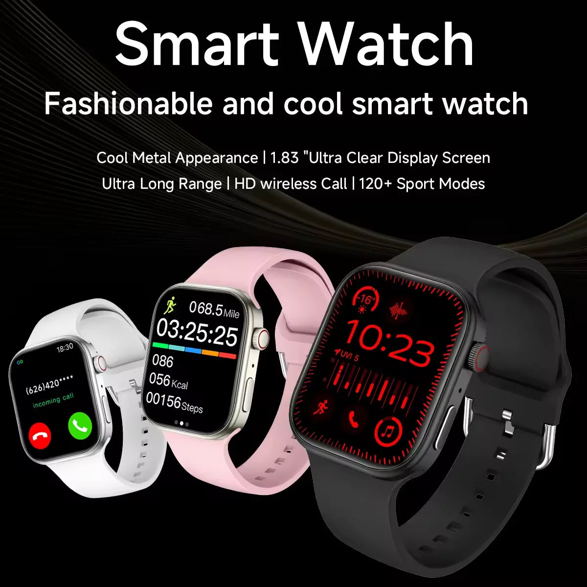 Three smartwatches in black, pink, and white with metal finishes, HD screens, and wireless calling features.