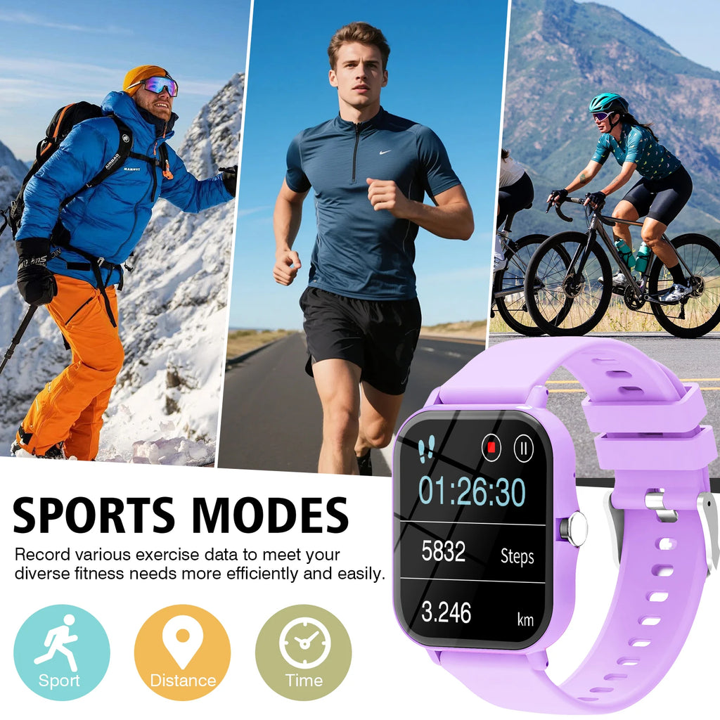 A lilac smartwatch with a digital display showing time, steps, and distance, set against active sports backgrounds.