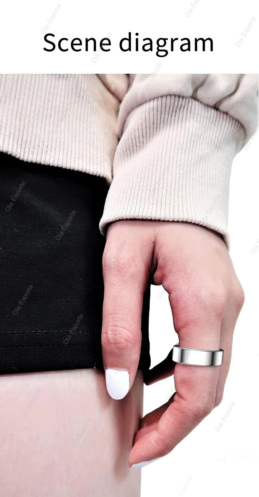 Close-up of a smooth, silver smart health and fitness ring worn on a finger, featuring a sleek, modern design.