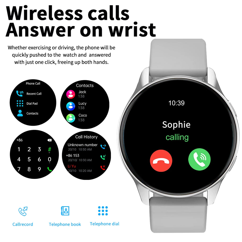 Silver smart watch with a grey strap, showing incoming call notifications, a contact list and a digital dial pad.