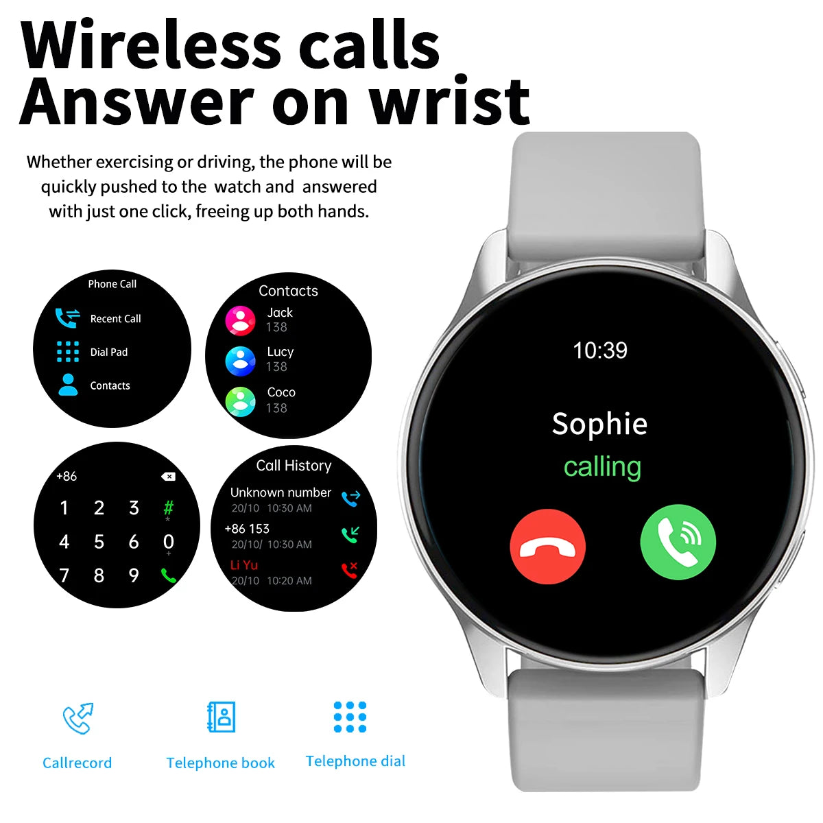 Silver smart watch with a grey strap, showing incoming call notifications, a contact list and a digital dial pad.