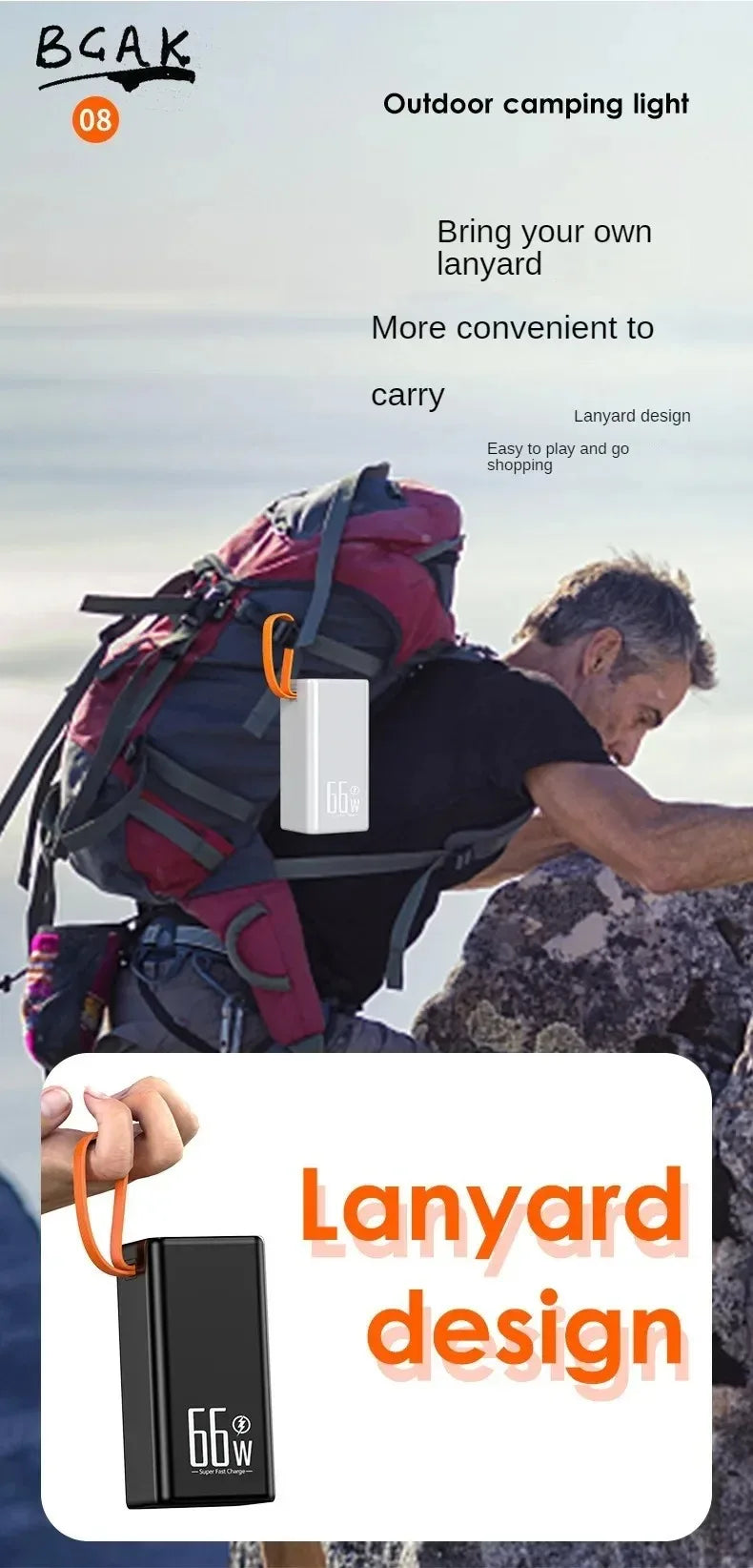 Compact portable power bank with a carry lanyard, featuring an LED display in black or white options.