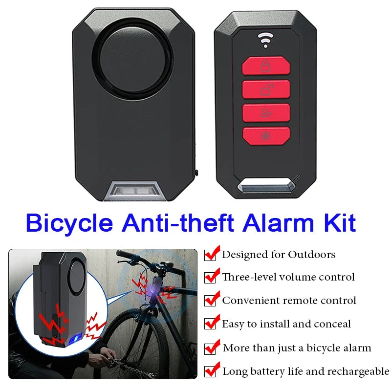 Black plastic bicycle anti-theft alarm kit with a remote control featuring four red buttons and wireless connectivity.