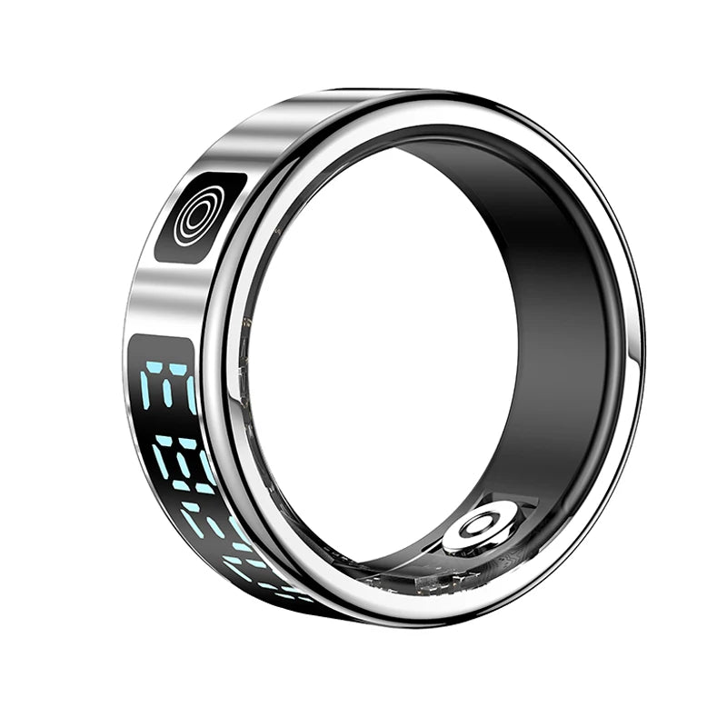 Sleek silver smart fitness ring with a black interior, digital display, and integrated health tracking sensors.