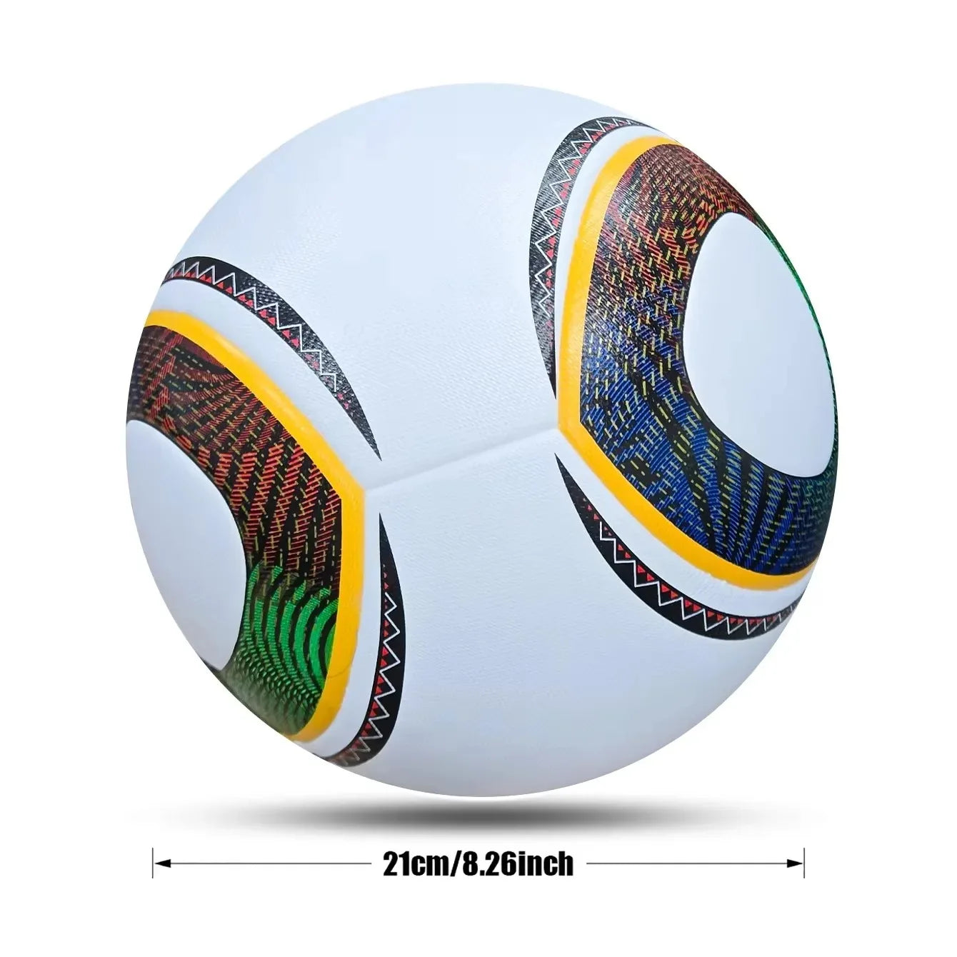 White football with multi-coloured textured graphics, yellow borders, and zigzag trim. 21cm diameter.