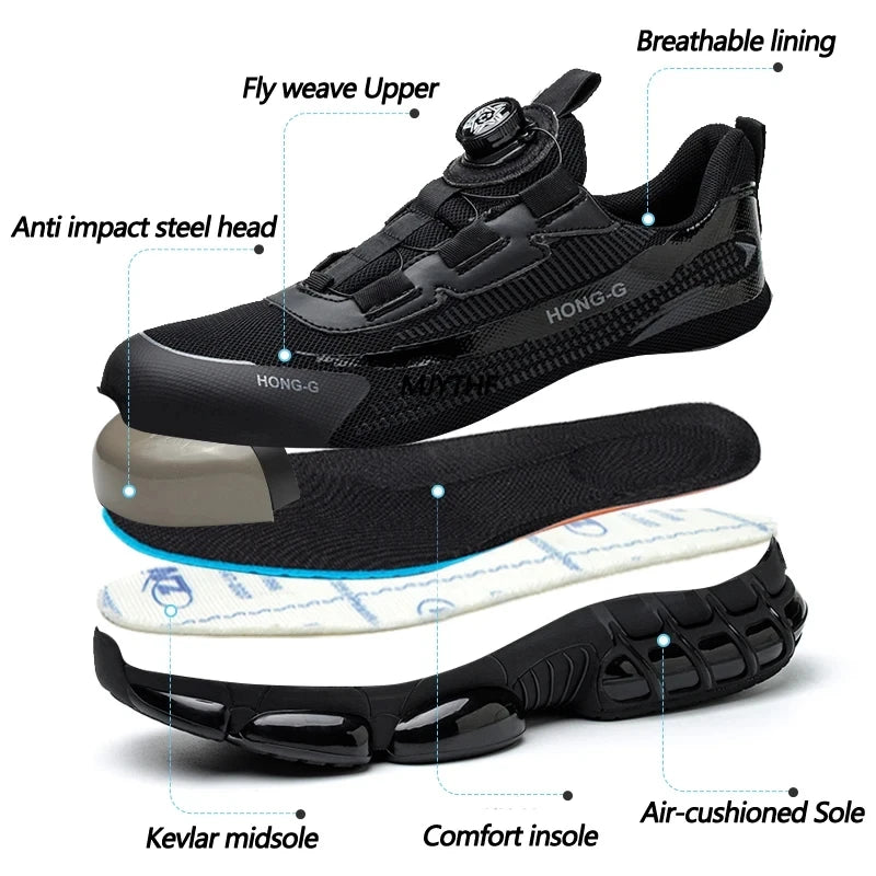 Black safety work trainer with steel toe, breathable mesh upper, air-cushioned sole, and puncture-proof Kevlar midsole.