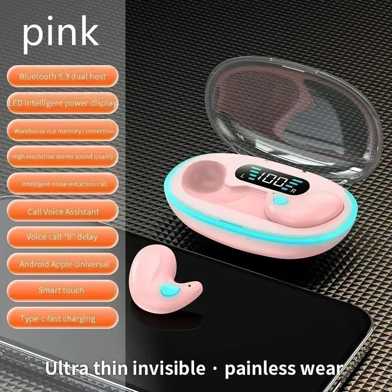Pink wireless earbuds with a charging case featuring a digital LED display and blue accent light.