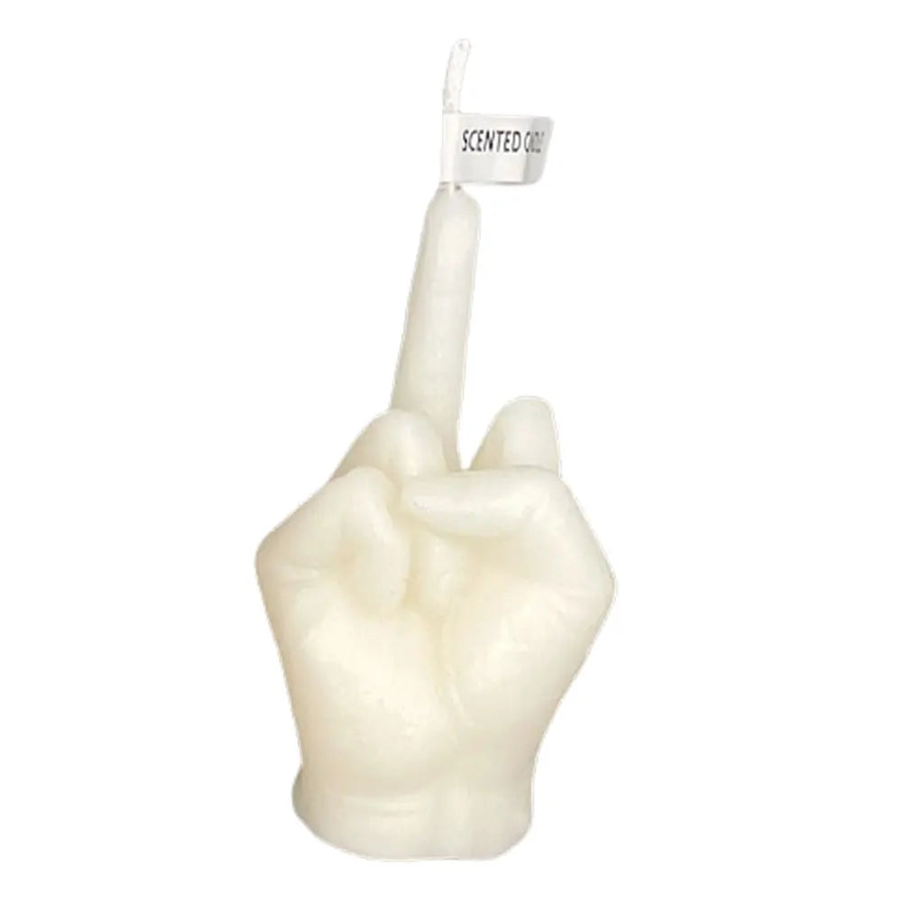 White wax candle shaped like a hand making a middle finger gesture, featuring a small branded tag on the wick.