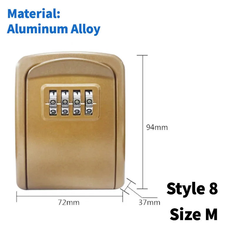 Gold aluminum alloy key lock box with a 4-digit combination dial, labeled size M, style 8.
