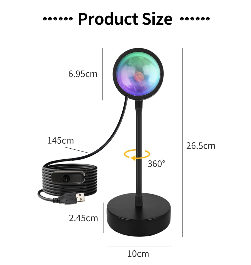 Black smart sunset LED lamp with a circular, multicoloured light head and 360-degree rotation, shown with dimensions.
