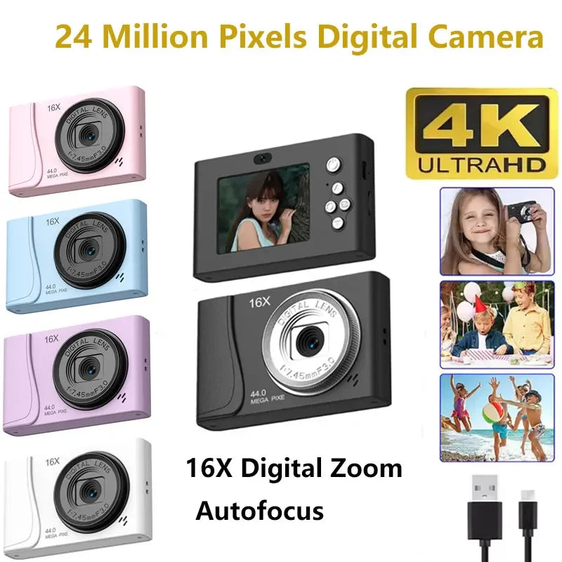 Plastic 4K digital cameras in pink, blue, purple, white, and black with 16x zoom, autofocus, and USB-C cable.
