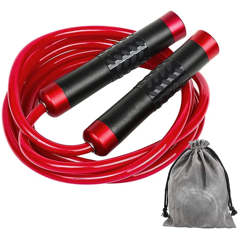 Coiled red weighted jump rope with black-and-red textured handles and a grey storage bag.