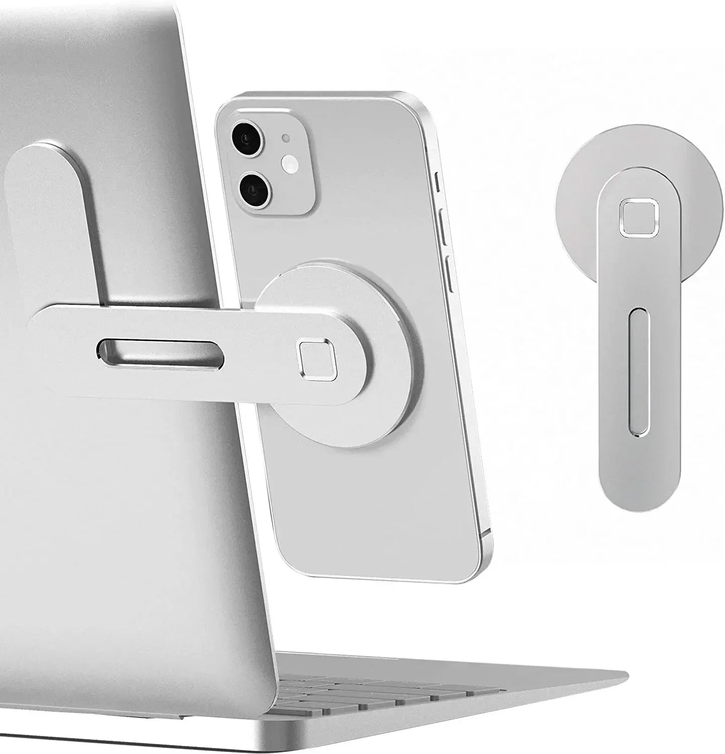Silver magnetic phone mount attached to a laptop for dual-screen use, showing an extended arm and phone orientation.