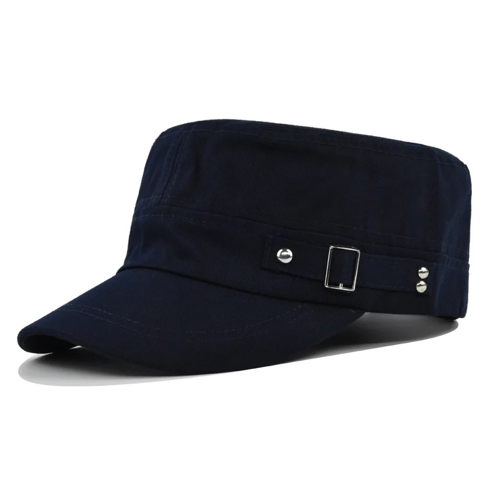 Navy blue unisex military-style flat cap with a stiff brim and decorative side strap featuring metal buckles and studs.