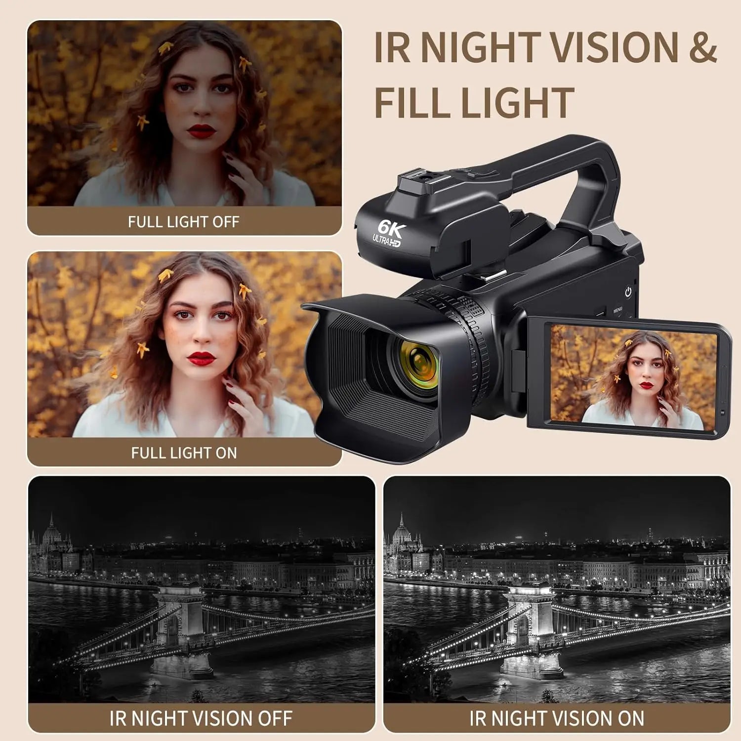 Black 6K Ultra HD handheld digital video camera with a flip-out screen, lens hood, fill light, and night vision.