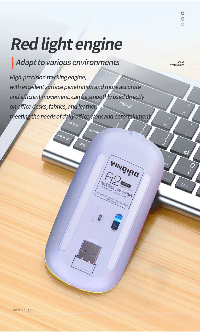 Lilac ergonomic wireless mouse with a precision tracking sensor, shown underside with USB receiver on a desk.