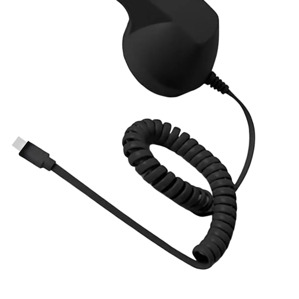 Black vintage-style telephone handset with a coiled cord and USB-C connector.