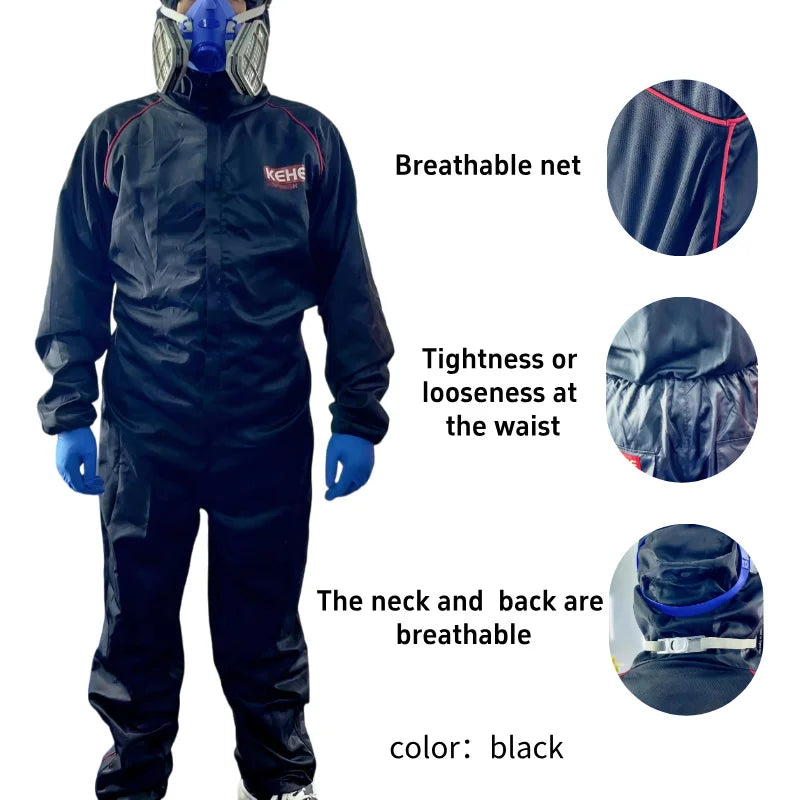 Black protective coveralls with breathable mesh, adjustable waist, and hood, shown on a person with a respirator mask.