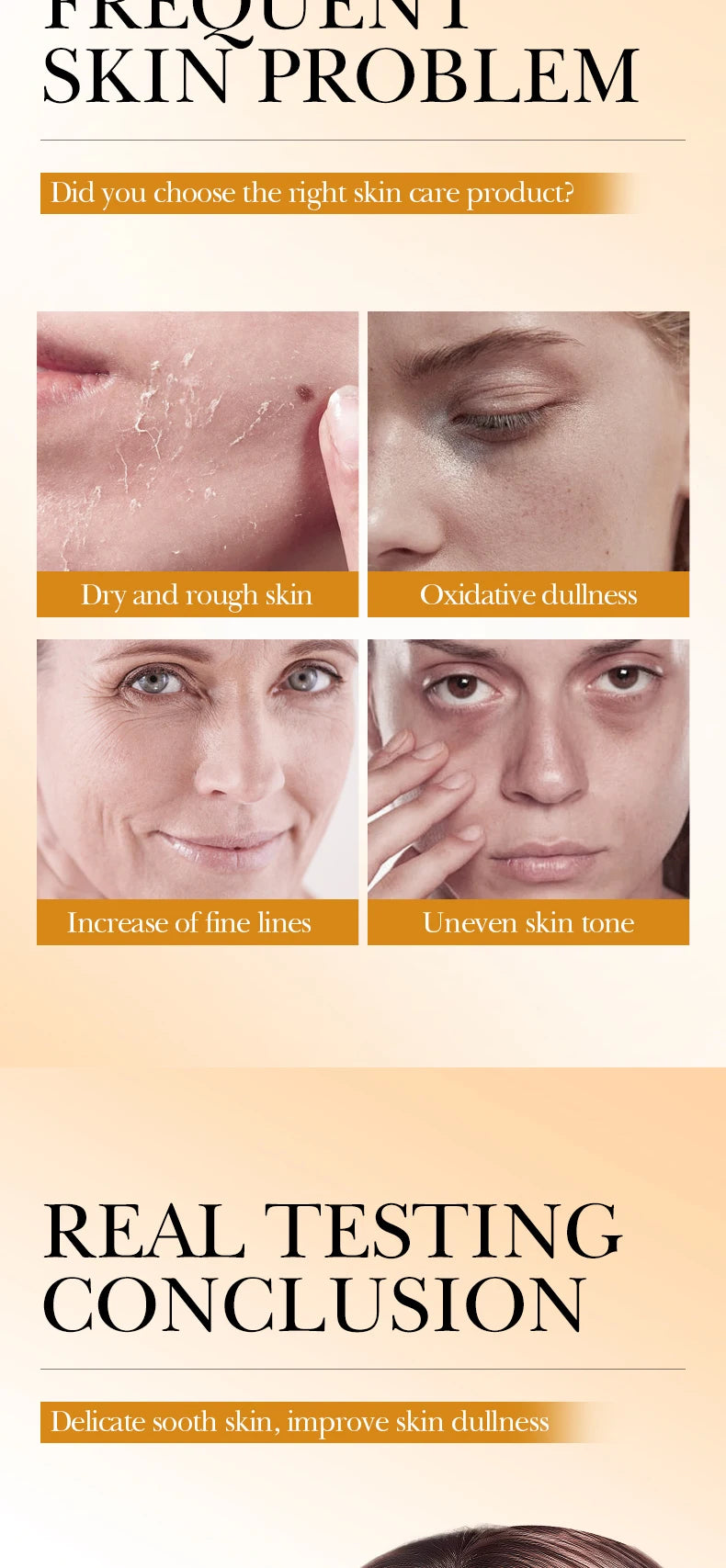 Four images show common skin concerns: dry, rough skin, dullness, fine lines, and uneven skin tone.