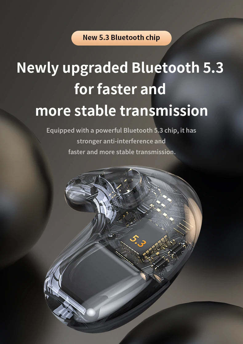 Wireless earbud with a transparent casing, showcasing internal electronic circuitry and a prominent 5.3 Bluetooth chip.