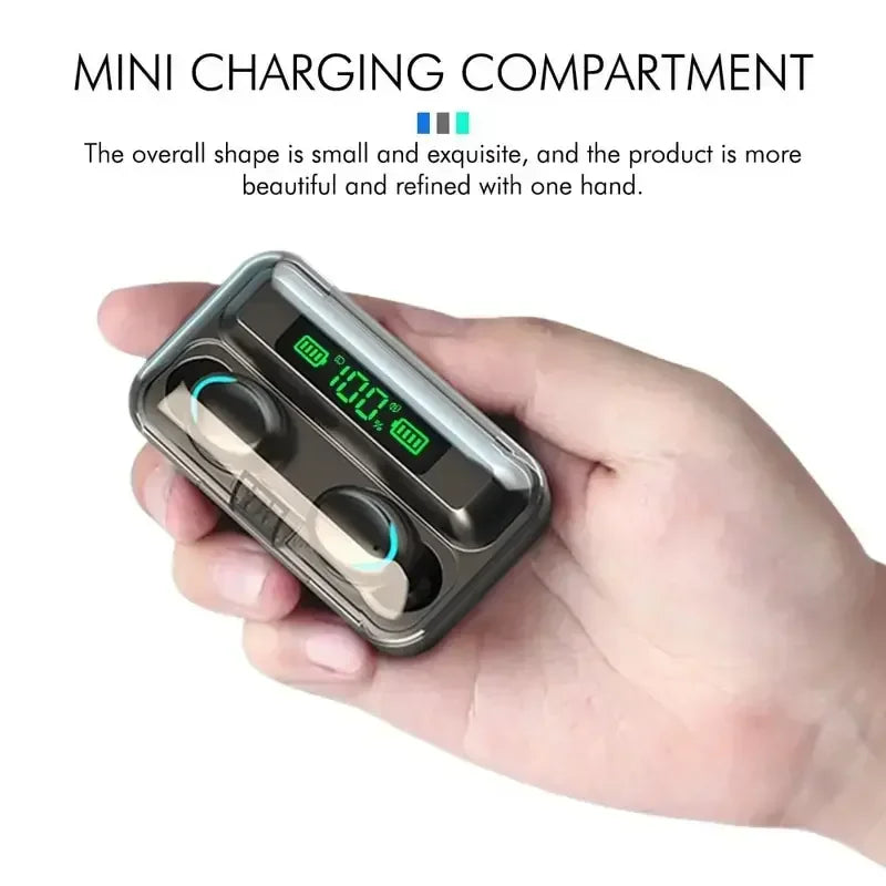 Small, sleek grey wireless earbud charging case with a transparent lid and a green digital battery percentage display.