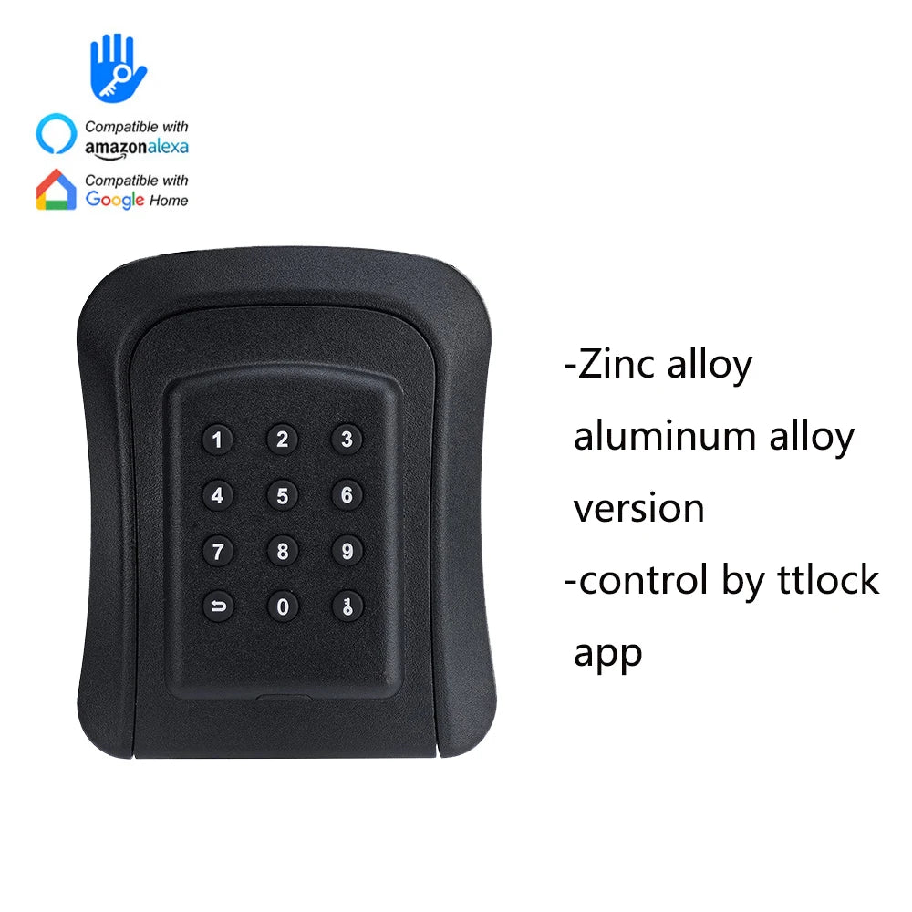 Black zinc and aluminum alloy smart keypad lock with numeric buttons, compatible with Alexa, Google Home, and TTLock.