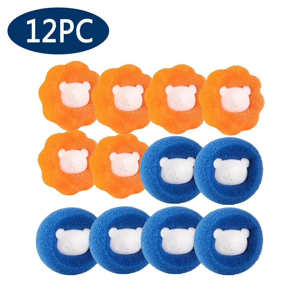 A 12-pack of laundry sponges featuring white panda bear faces on orange and blue textured foam backings.
