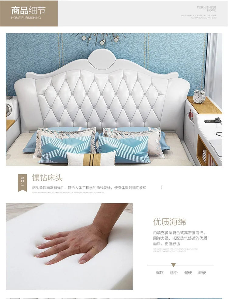 White double bed with a tufted, diamond-patterned headboard, side storage drawers, and high-density foam padding.