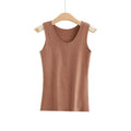 Brown seamless sleeveless vest top with a rounded neckline, hanging on a wooden hanger.