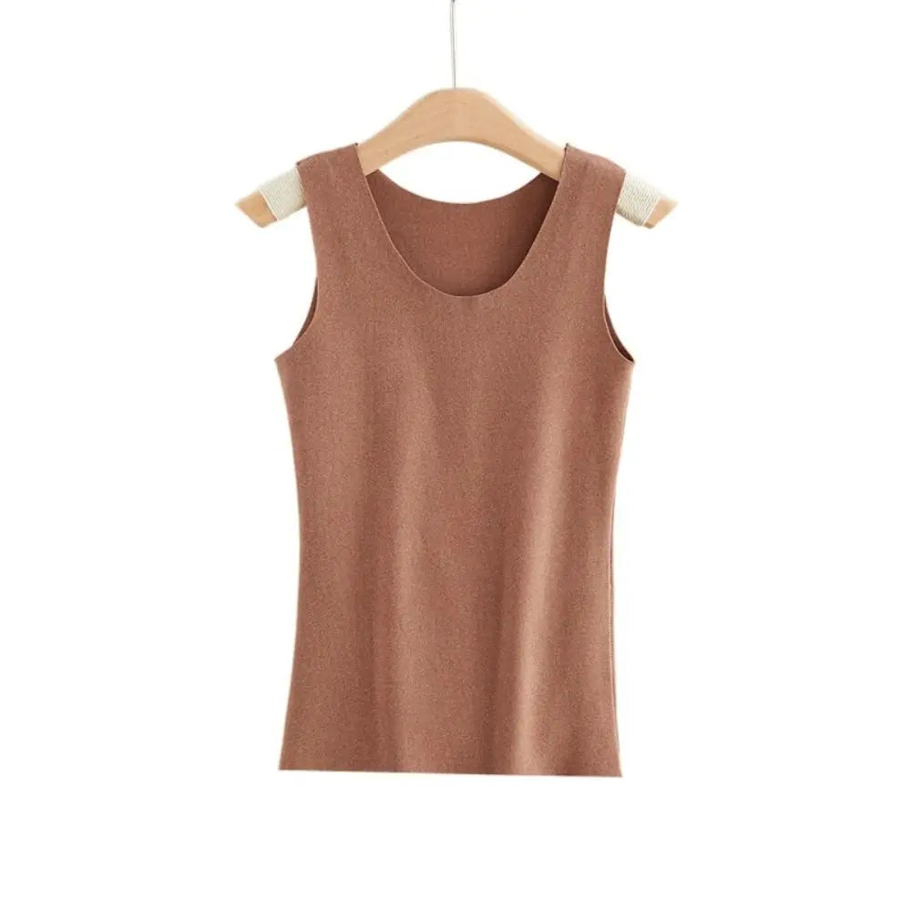 Brown seamless sleeveless vest top with a rounded neckline, hanging on a wooden hanger.