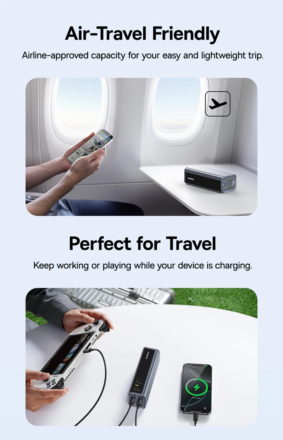 Grey 20800mAh power bank charging a handheld console and phone. Compact, portable design for travel.