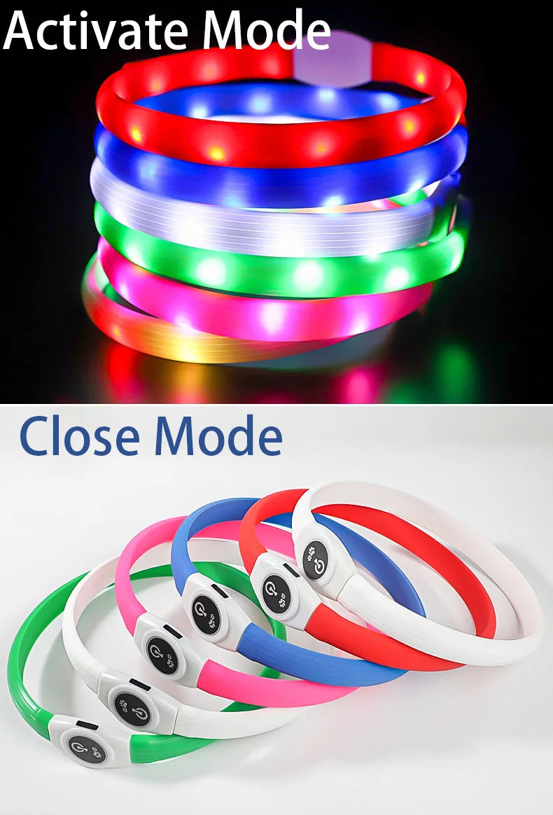 Stack of waterproof LED dog collars in various colours shown illuminated and switched off with power button clips.