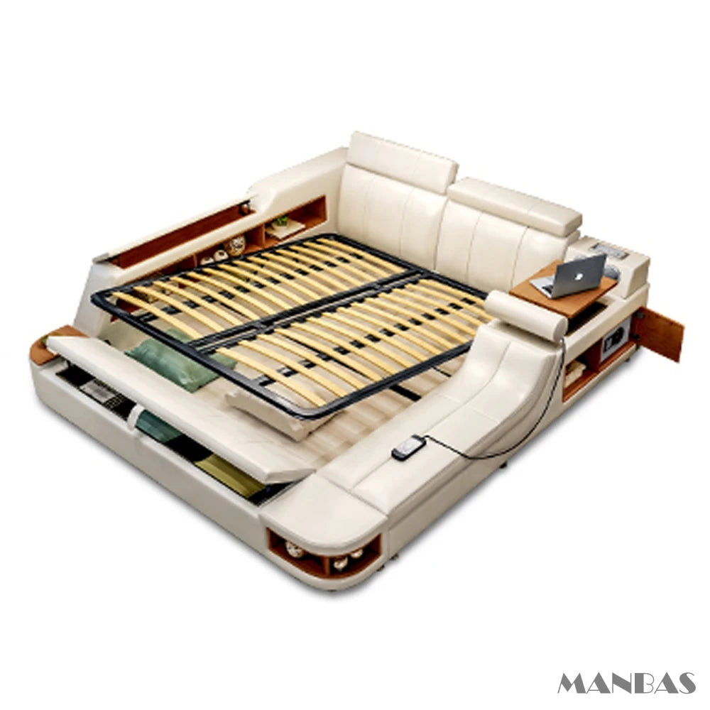 Cream leather smart bed frame with integrated storage, built-in shelving, wooden side tables and slatted base.