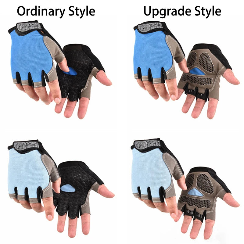 Comparison of blue and light blue fingerless cycling gloves with standard and upgraded padded palm designs.