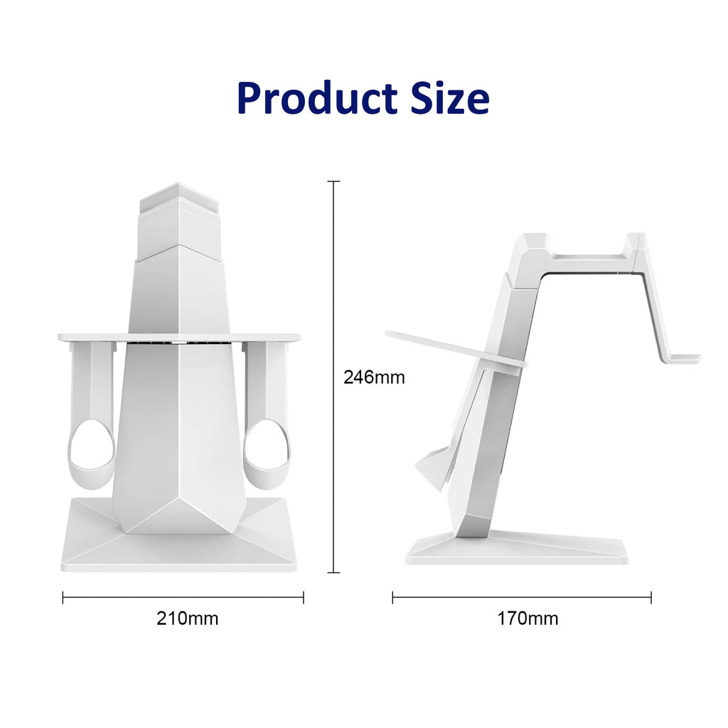White VR headset and controller display stand showing front and side dimensions for storage organisation.