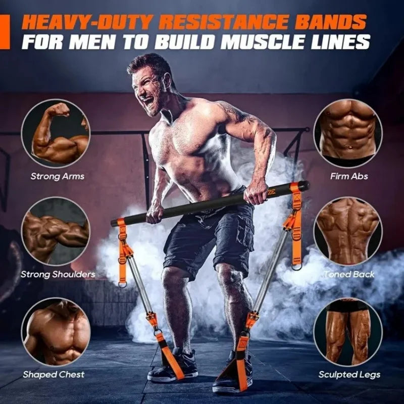A man using a black Pilates resistance bar with bright orange straps and loops for full-body home workouts.