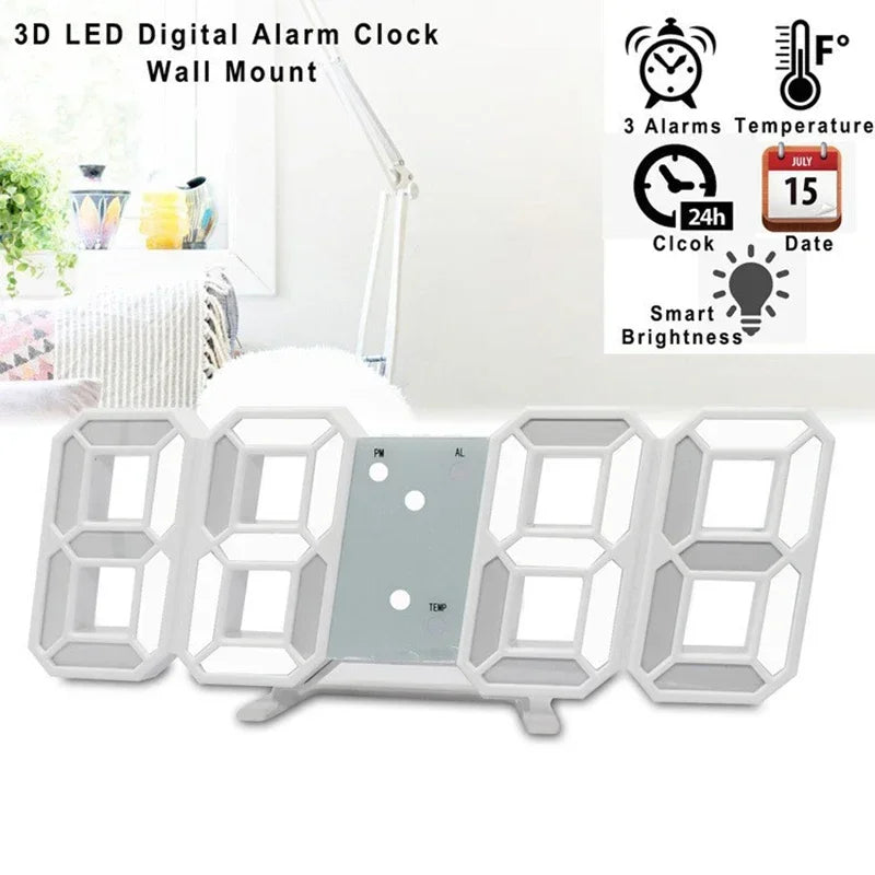 Modern white 3D LED digital desk or wall clock displaying time, date, temperature, and alarm settings.